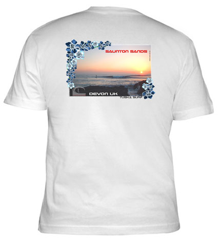Surf Tee shirts with sunset photo of Saunton Sands Devon