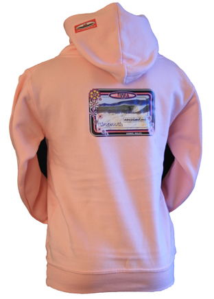 Pink Surf Hoody with surf photo of Llangennith Gower Wales