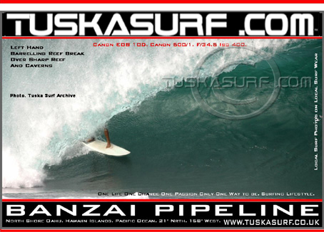 Photo of surf and surfing wave tubing at Banzai Pipeline Oaho Hawaii