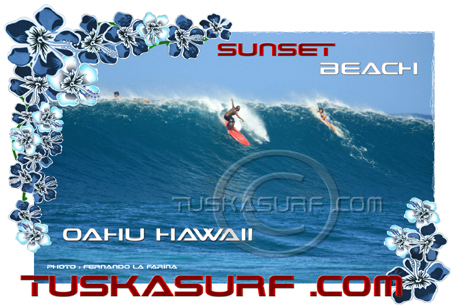 Surf photo of sunset Beach surfer dropping into a big wave on a Tee shirt