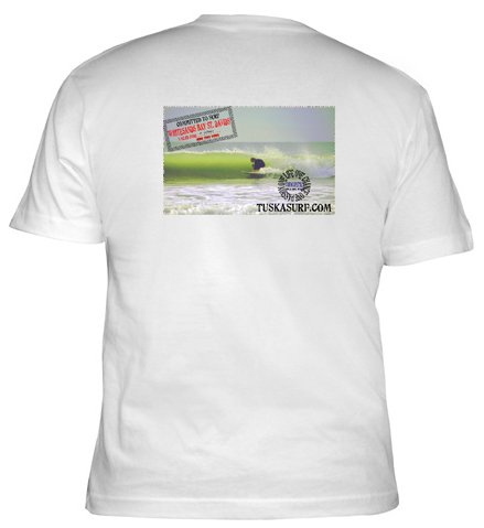 Surf photograph of Whitesands Bat barrel on a surf T shirt